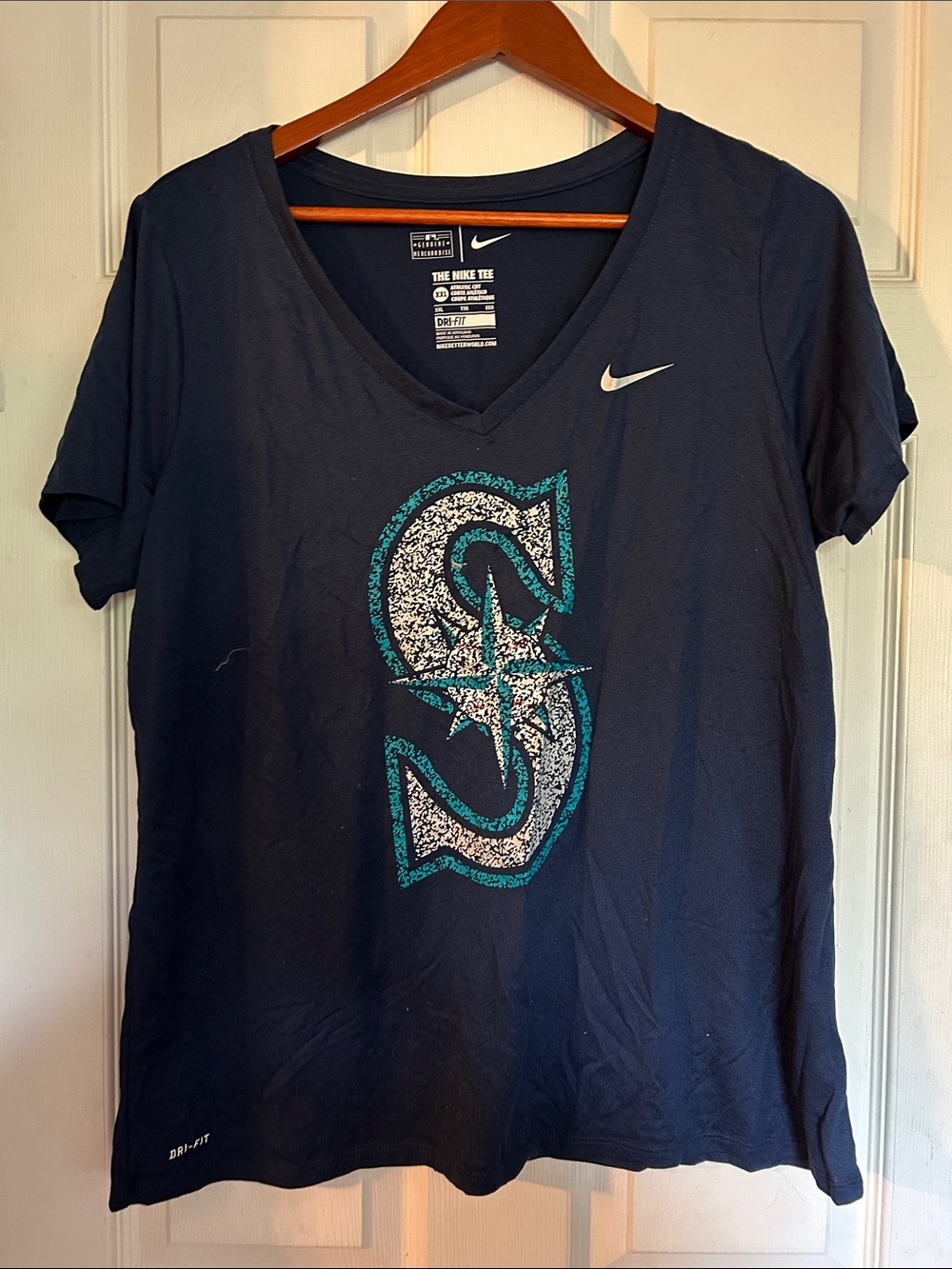 Nike Navy Short Sleeve V-Neck Tee with Teal & White Mariners S Logo